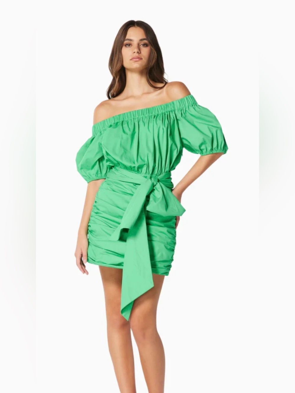 Elliatt Leila off shoulder dress w puff sleeves and tie sash at waist size S
